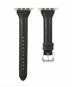 Black leather Apple Watch band with silver connector, adjustable strap