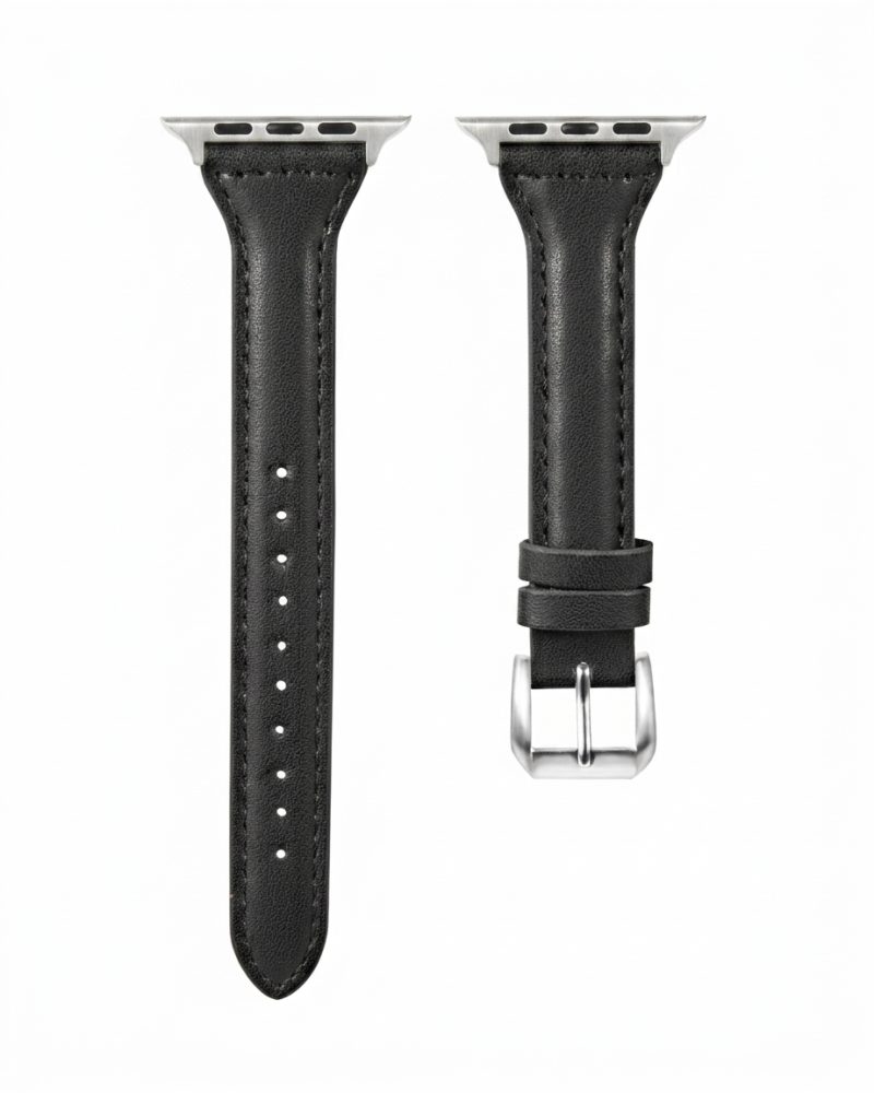 Black leather Apple Watch band with silver connector, adjustable strap
