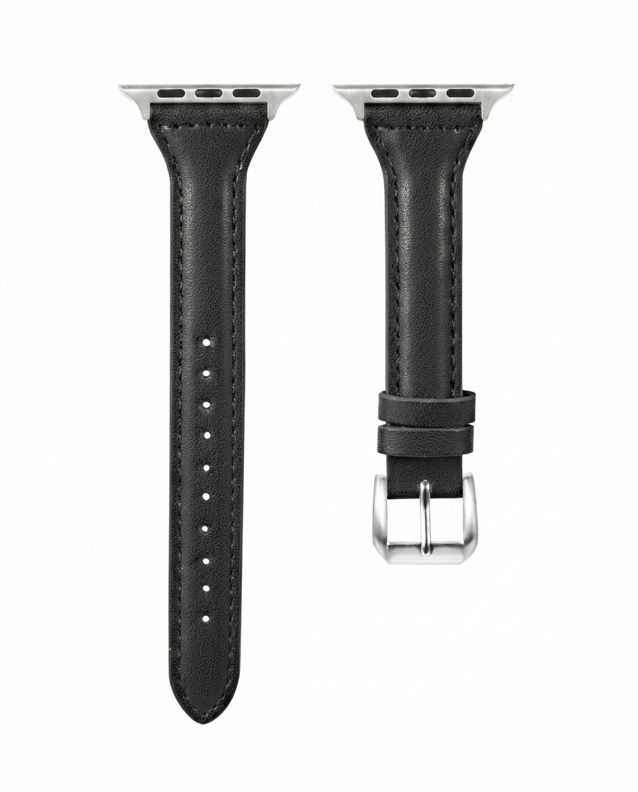 Black leather Apple Watch band with silver connector, adjustable strap