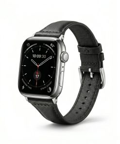 Apple Watch with black leather strap band and silver stainless steel case