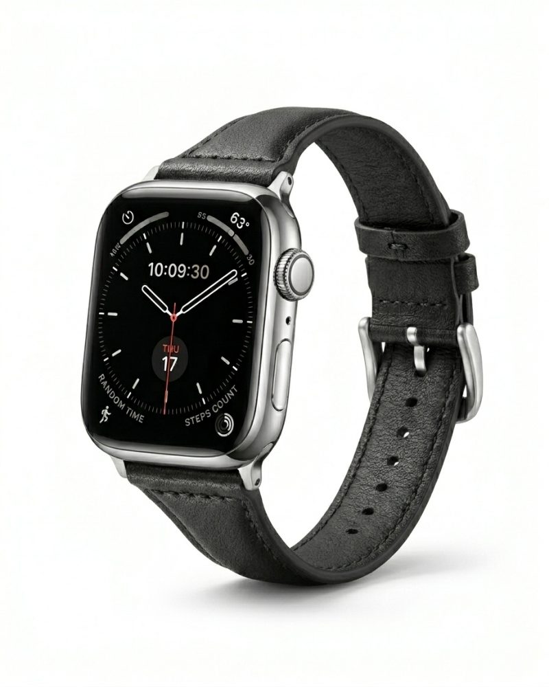 Apple Watch with black leather strap band and silver stainless steel case