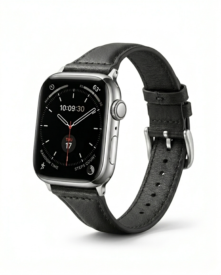Apple Watch with black leather strap band and silver stainless steel case