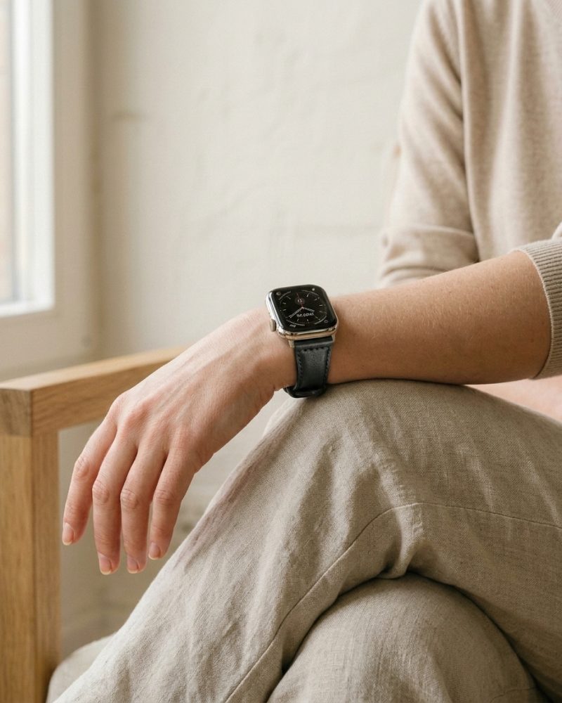 Woman wearing silver smartwatch with black leather strap on wrist