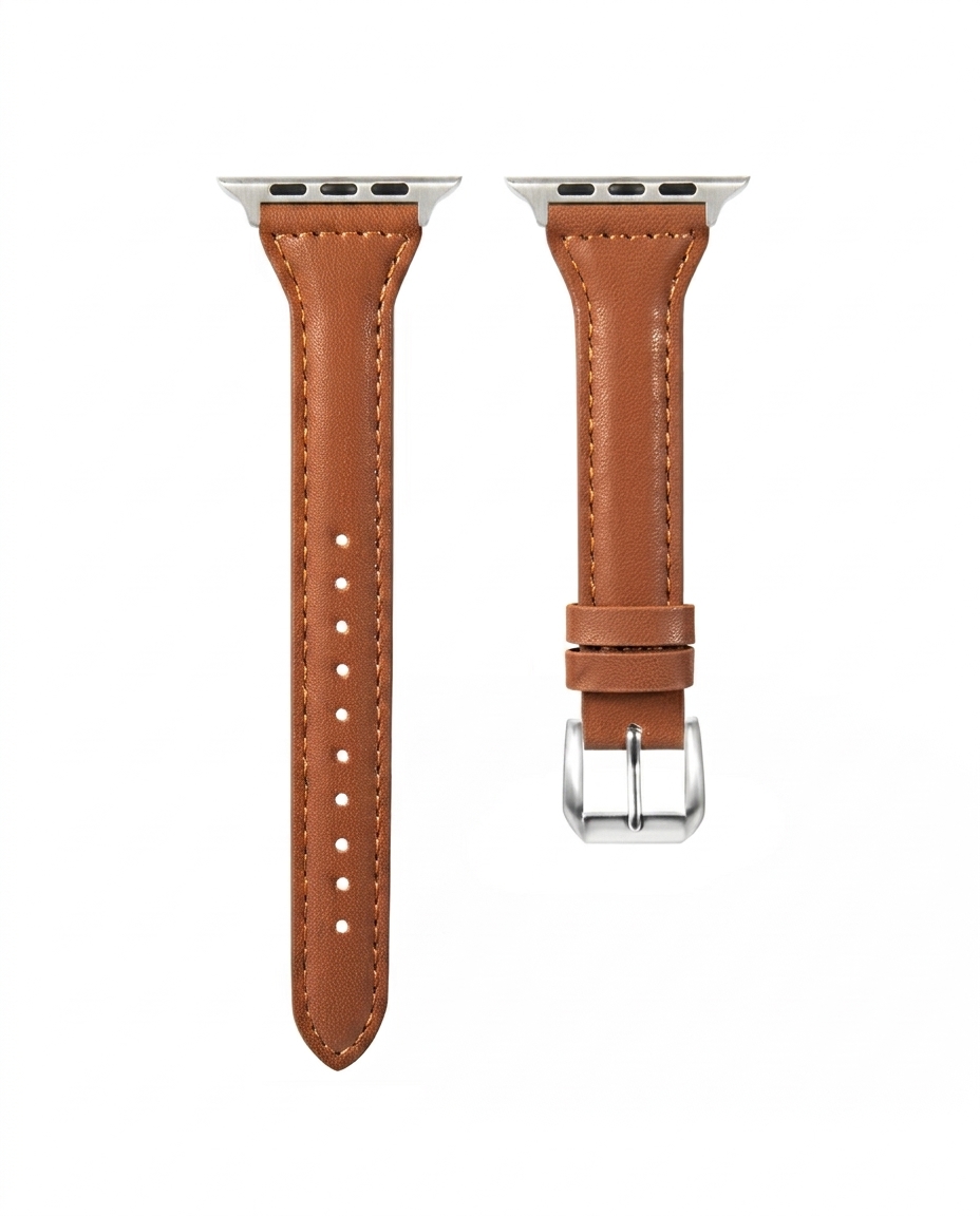 Brown leather Apple Watch band strap with silver connector fits 38-49mm