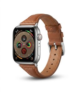Apple Watch with brown leather band strap and fitness tracking display