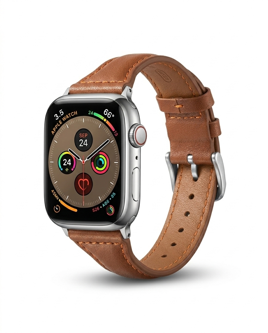 Apple Watch with brown leather band strap and fitness tracking display