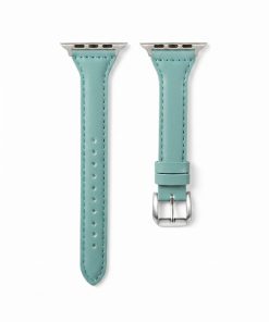 Turquoise leather Apple Watch band with silver buckle closure and connector