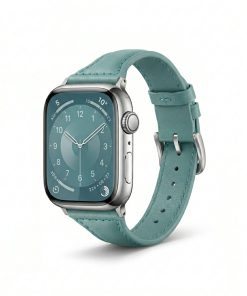 Apple Watch with green bamboo leather strap and silver stainless steel case