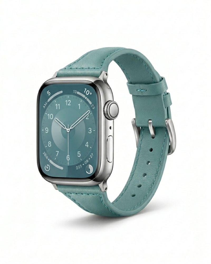 Apple Watch with green bamboo leather strap and silver stainless steel case