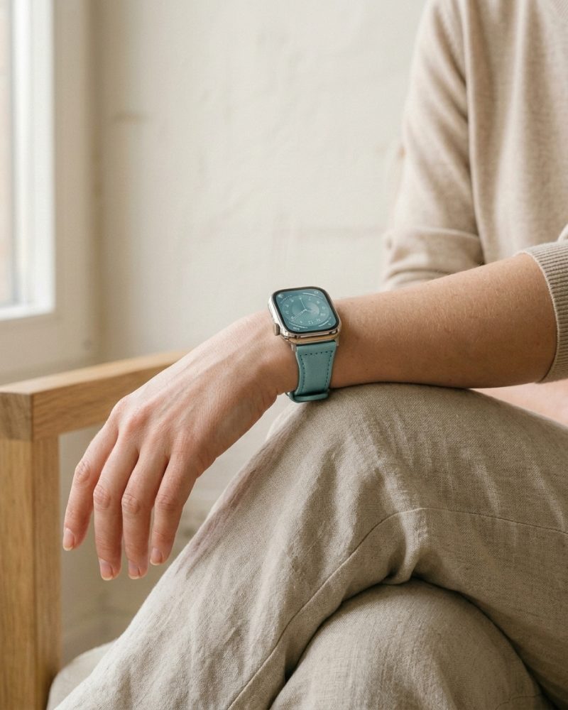 Woman wearing smartwatch with green bamboo leather strap on wrist