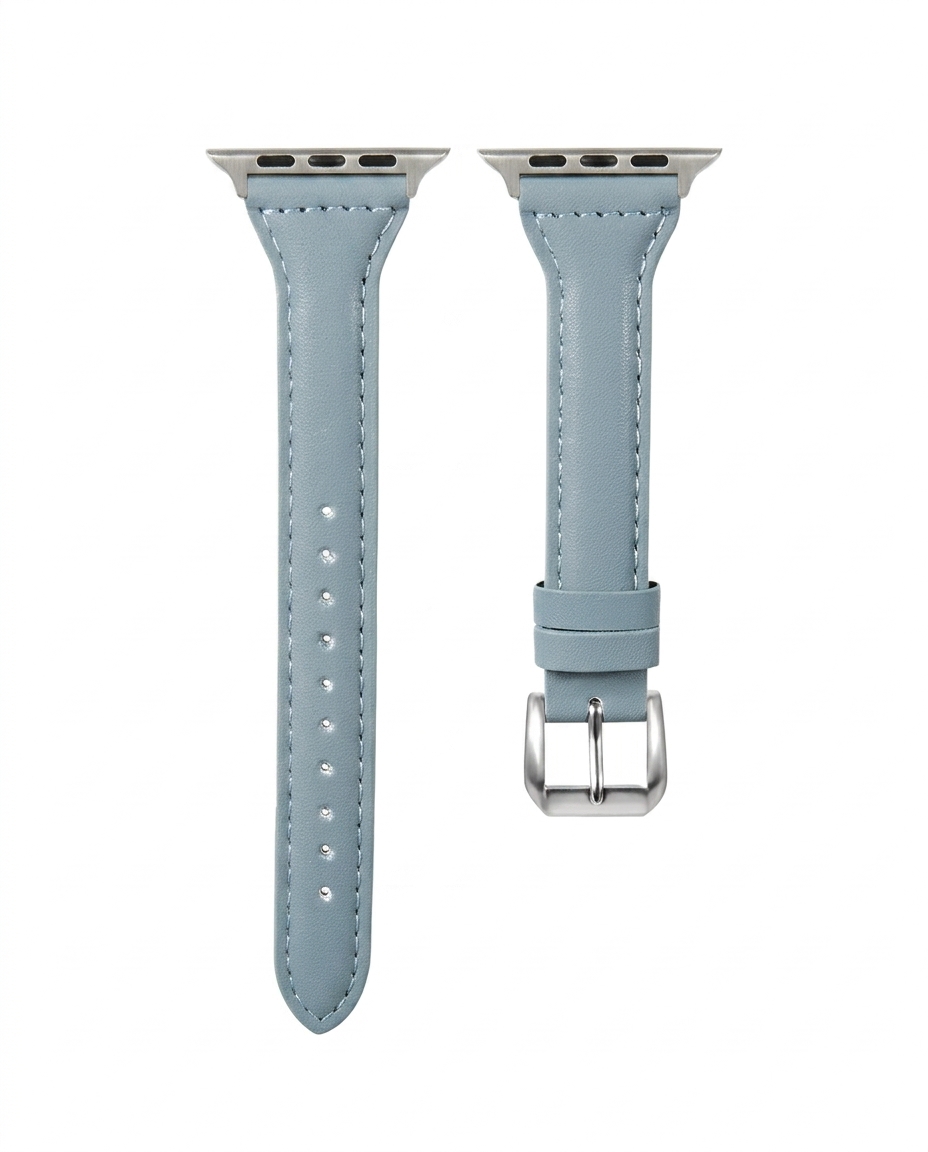 Haze blue leather Apple Watch band with silver buckle connector hardware
