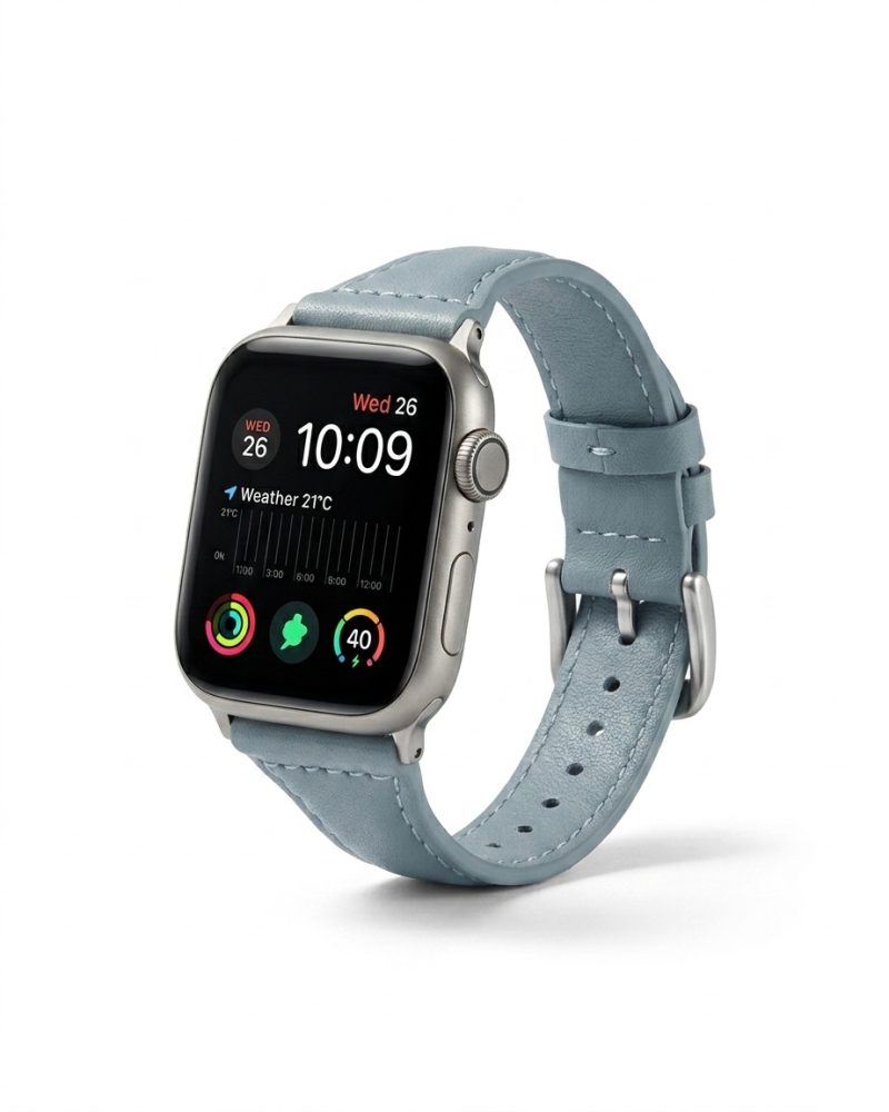 Apple Watch with haze blue leather strap band, 38-49mm compatible smartwatch