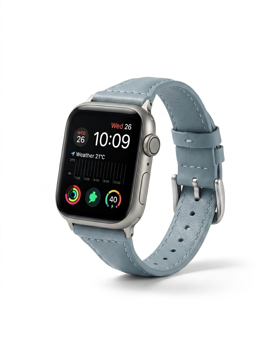 Apple Watch with haze blue leather strap band, 38-49mm compatible smartwatch