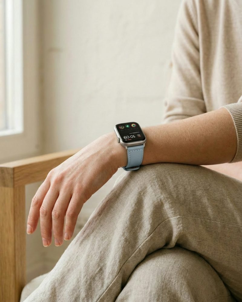 Woman wearing Apple Watch with blue leather strap showing time display