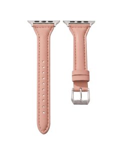 Pink leather Apple Watch band with silver connector and adjustment holes