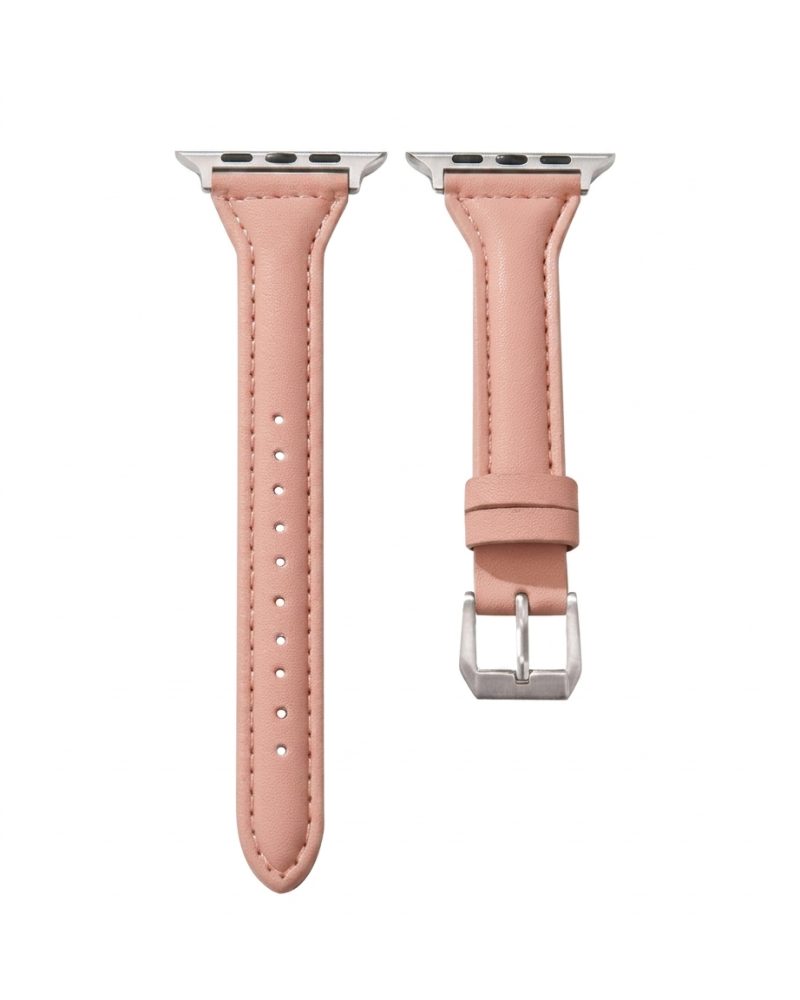 Pink leather Apple Watch band with silver connector and adjustment holes