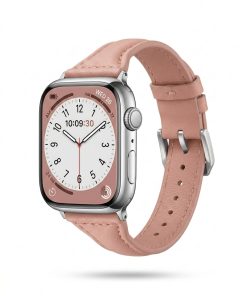 Apple Watch with pink leather strap band, silver case, 38-49mm