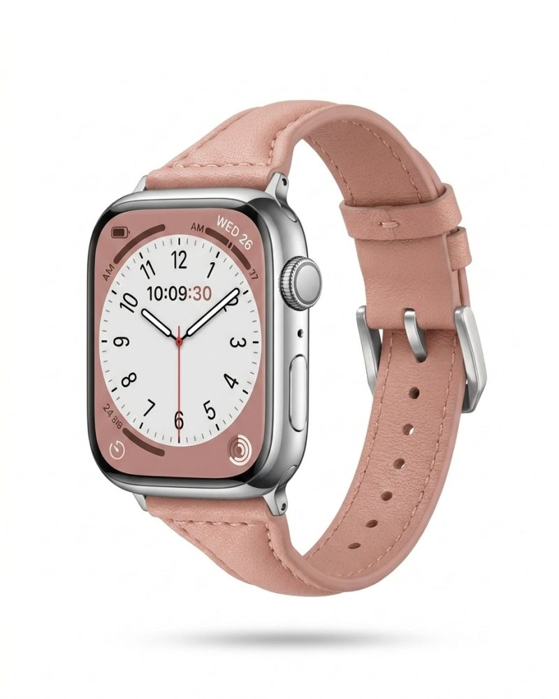 Apple Watch with pink leather strap band, silver case, 38-49mm