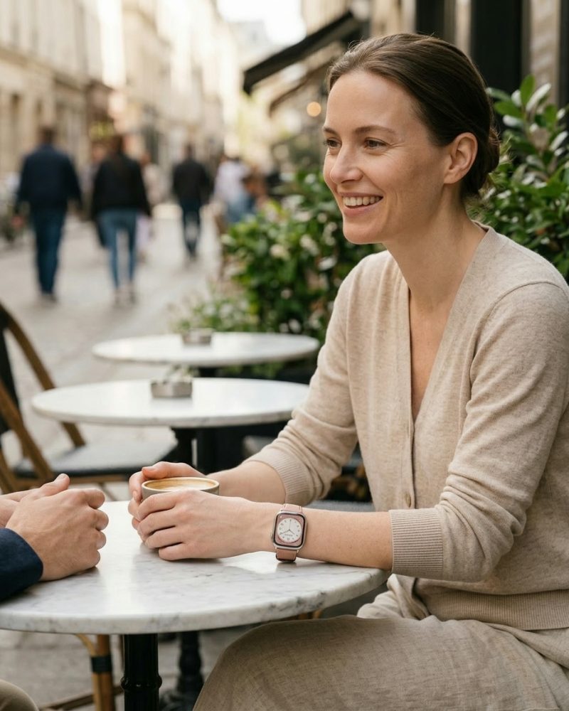 Woman wearing pink leather strap watch at outdoor cafe table