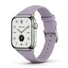 Apple Watch with violet leather strap band displaying time and health metrics