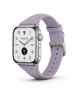 Apple Watch with violet leather strap band displaying time and health metrics