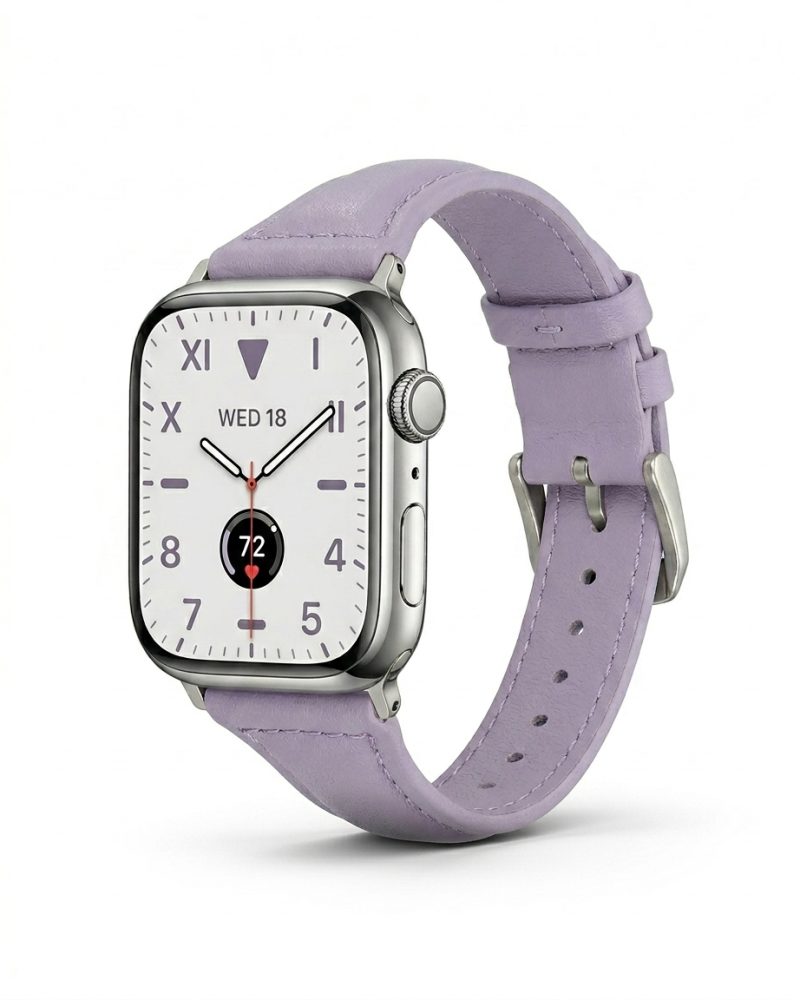 Apple Watch with violet leather strap band displaying time and health metrics