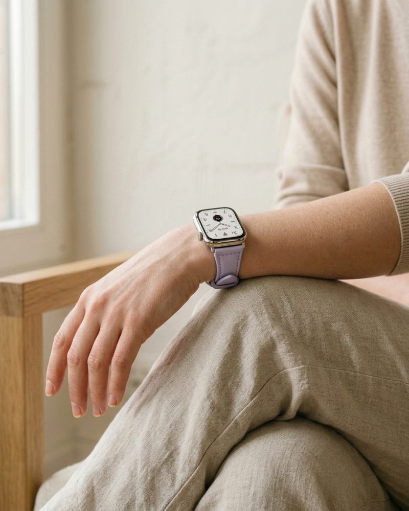 Woman wearing silver smartwatch with violet leather strap on wrist