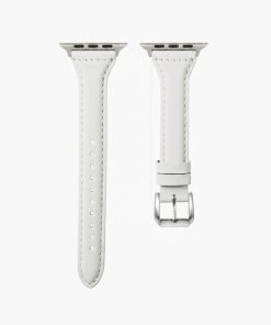 White leather Apple Watch band with silver buckle and connector hardware