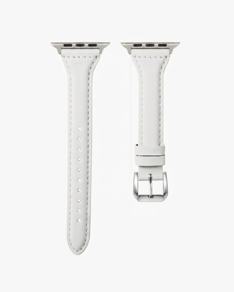 White leather Apple Watch band with silver buckle and connector hardware