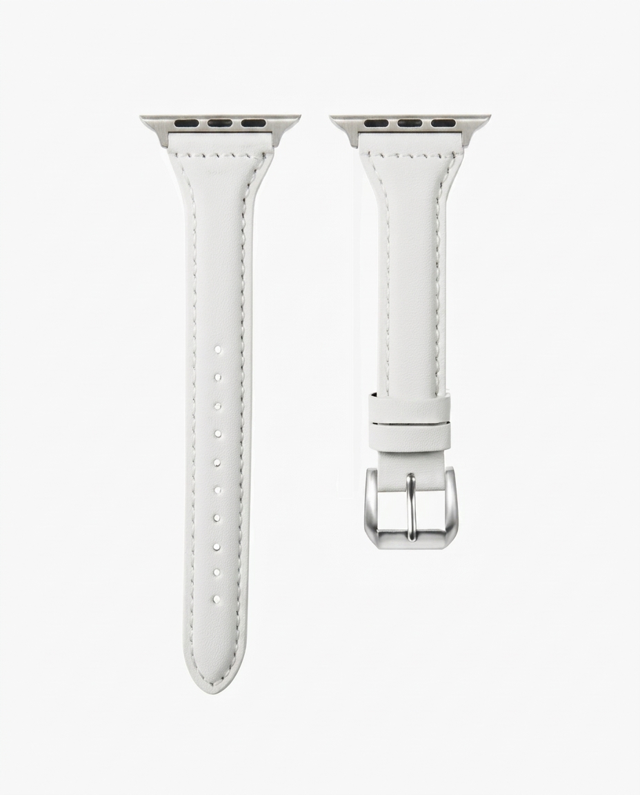 White leather Apple Watch band with silver buckle and connector hardware