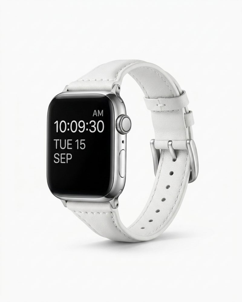 Apple Watch with white leather strap band showing time display