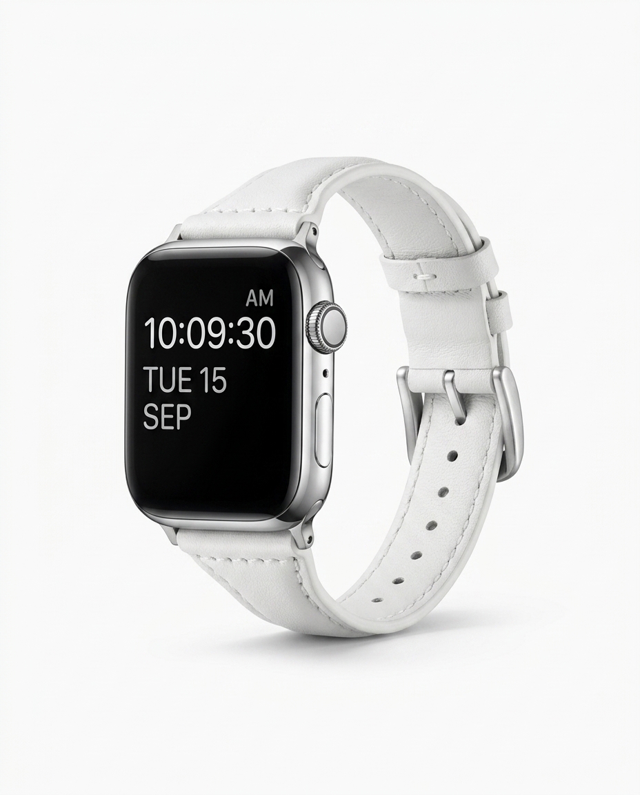 Apple Watch with white leather strap band showing time display