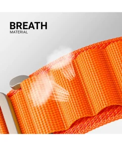 Orange breathable fabric Alpine Loop strap with reflective detail closeup