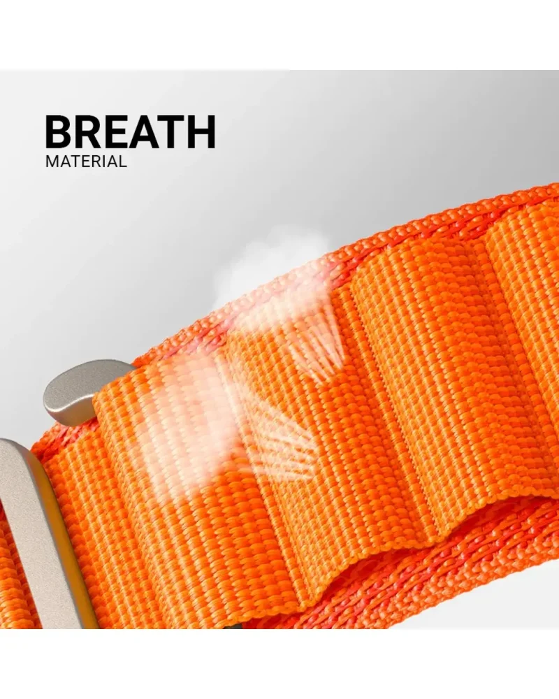 Orange breathable fabric Alpine Loop strap with reflective detail closeup
