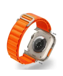 Smartwatch with titanium case and orange alpine loop fabric band