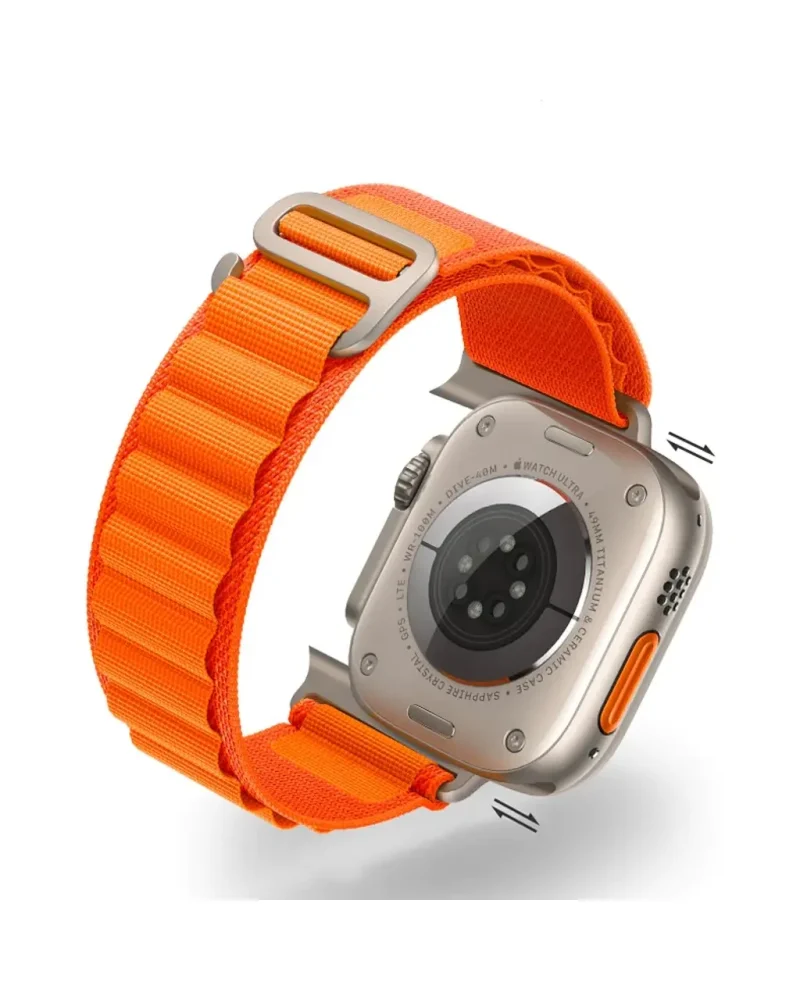 Smartwatch with titanium case and orange alpine loop fabric band
