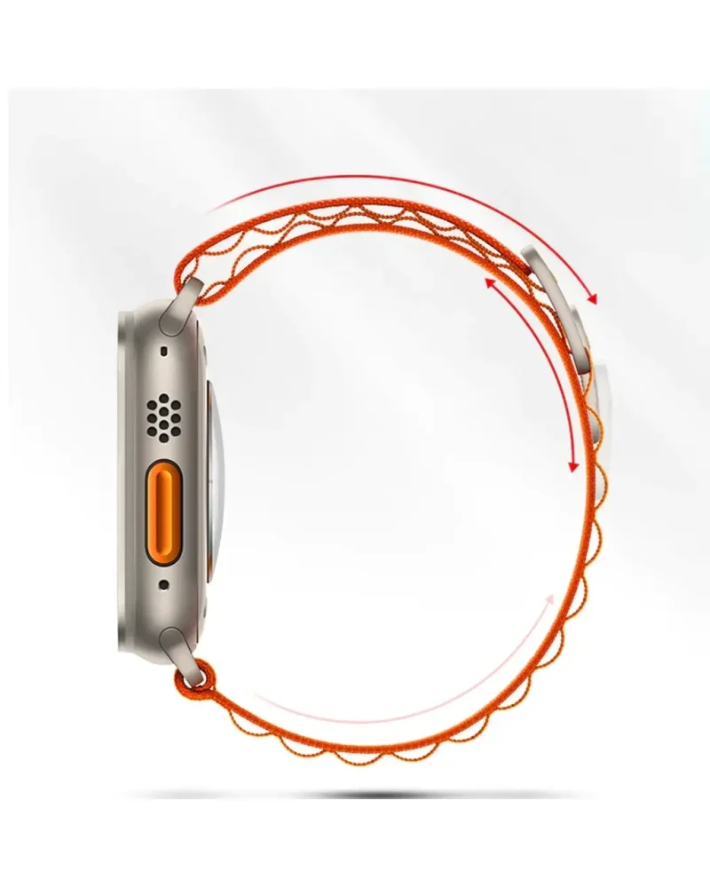 Alpine Loop orange fabric smartwatch band with silver hardware connector