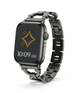 Black stainless steel smartwatch with crystal-studded metal bracelet band