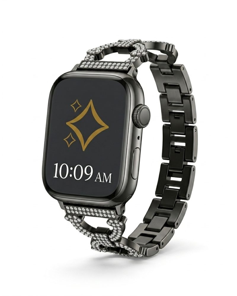 Black stainless steel smartwatch with crystal-studded metal bracelet band