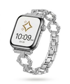 Silver diamond smartwatch band with decorative chain link design