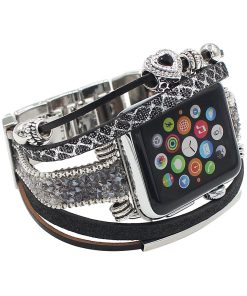 Black leather wrap strap with crystal beads for Apple Watch band