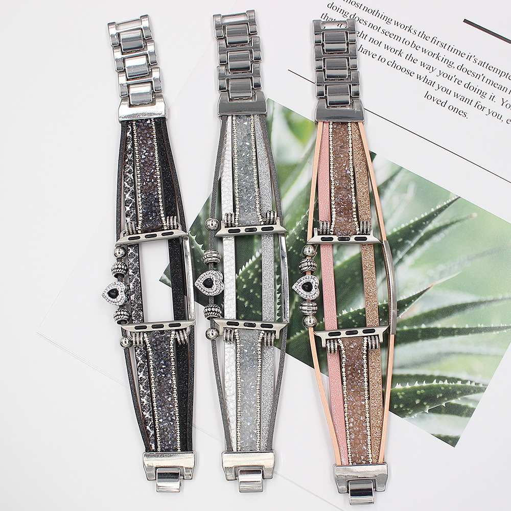 Black sparkly boho wrap bracelet with metal accents and adjustable clasp