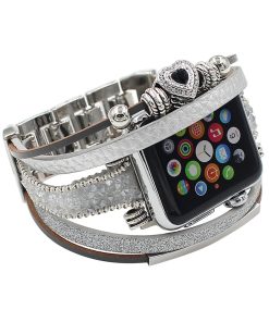 Silver leather wrap watch band with heart charm for Apple Watch