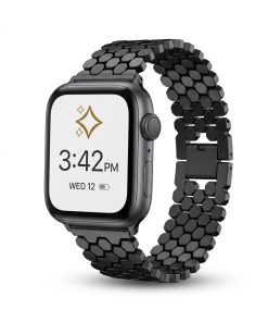 Black metal hexagon band smartwatch with digital display showing time
