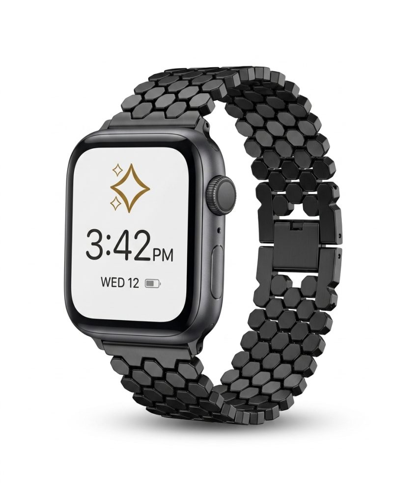 Black metal hexagon band smartwatch with digital display showing time