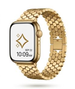 Gold stainless steel smartwatch band with hexagonal link design and clasp