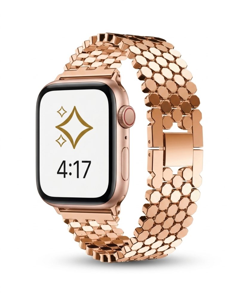Rose gold metal band smartwatch with hexagonal link bracelet strap