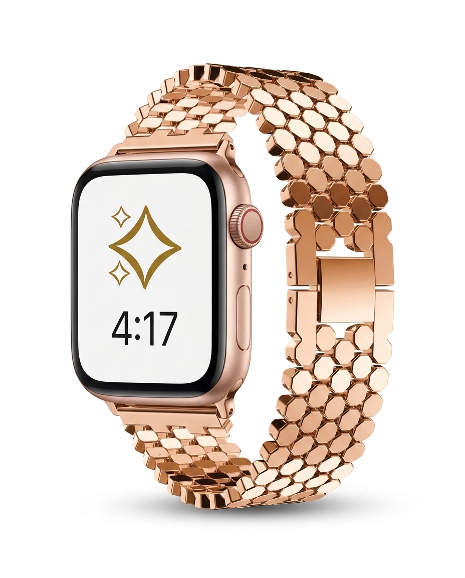 Rose gold metal band smartwatch with hexagonal link bracelet strap