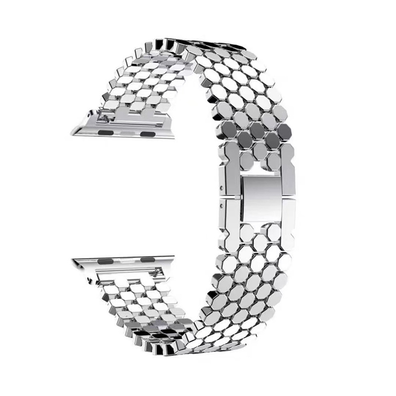 Silver metal link band for Apple Watch with polished stainless steel construction