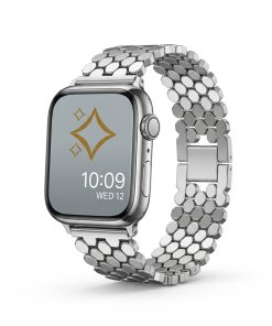 Silver metal smartwatch band with hexagonal link design and butterfly clasp